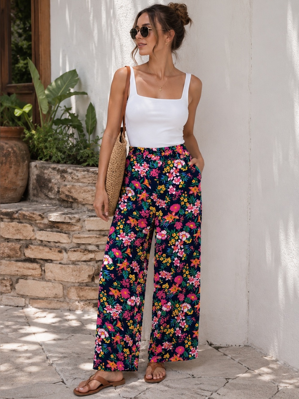 J.Crew Pants Jamie Floral Blue Pink Wide Leg Cropped Pockets Pull On